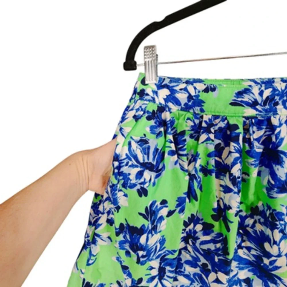 J Crew Pleated Midi Skirt 8 Women Floral‎ Blue Green Cotton Full Swing Fairycore
